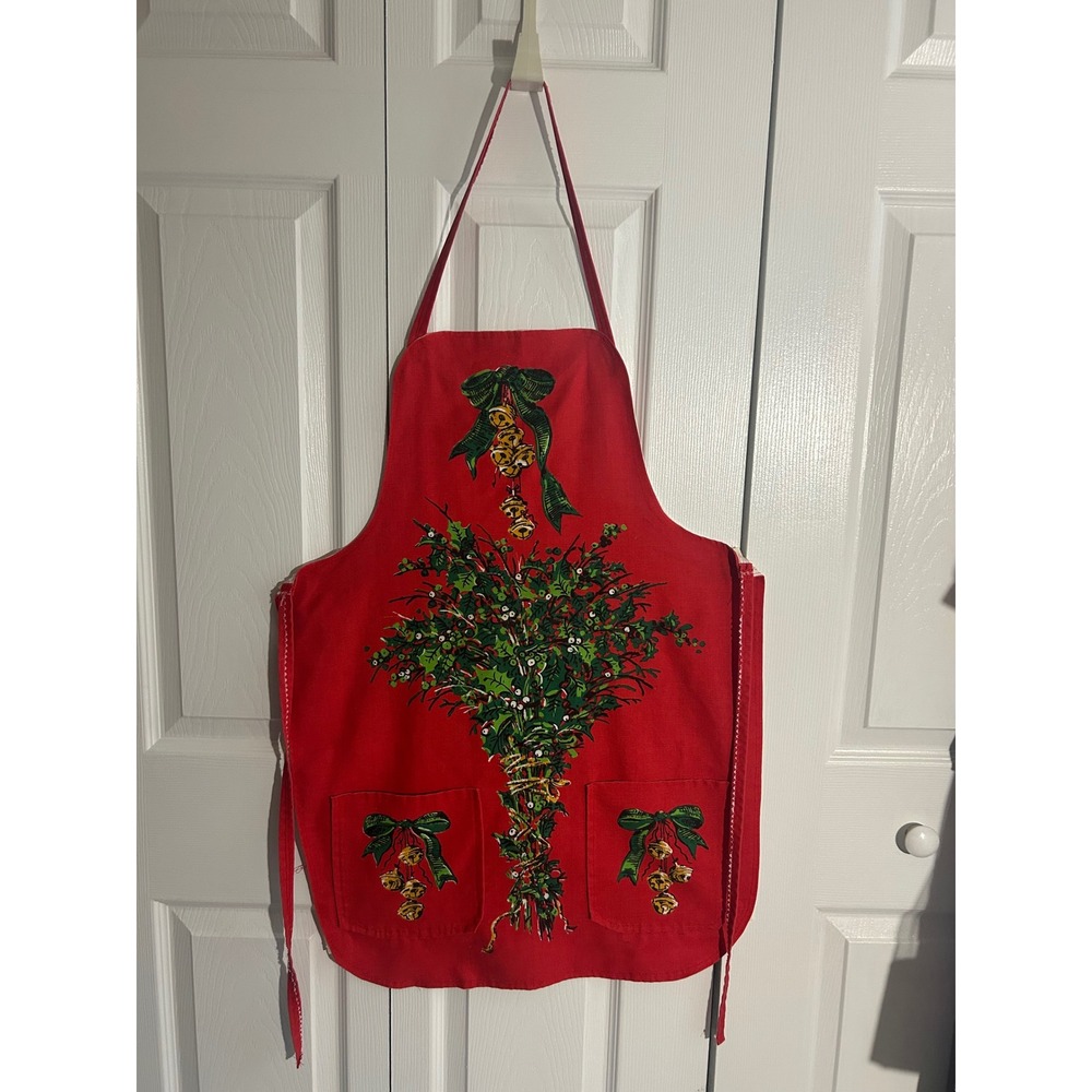 Vintage Christmas Apron Red Mistletoe Holly Golden Bells Ric Rac Trim Pockets